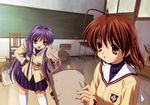  absurdres antenna_hair brown_eyes brown_hair clannad fujibayashi_kyou furukawa_nagisa highres hikarizaka_private_high_school_uniform long_hair multiple_girls non-web_source purple_eyes purple_hair school_uniform script short_hair thighhighs very_long_hair 