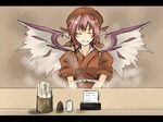  animal_ears bad_id bad_pixiv_id blush closed_eyes food_stand hat japanese_clothes mystia_lorelei okamisty pink_hair reon_(saikyou) short_hair smile solo steam tasuki touhou wings 