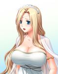  armlet bad_id bad_pixiv_id blonde_hair blue_eyes blush breasts cassandra circlet cleavage dress goddess gradient gradient_background headdress huge_breasts isobe jewelry lipstick long_hair makeup mature moira open_mouth shawl solo sound_horizon 