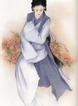  black_eyes braid chen_shu_fen chinese_clothes copyright_request flower hanfu highres long_hair long_sleeves peony_(flower) petals realistic ribbon solo 