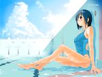  barefoot blue_eyes blue_hair cloud competition_swimsuit day empty_pool feet frogman izumi_haruka nylon official_art one-piece_swimsuit pool pool_ladder shallow_water short_hair sitting solo starting_block submerged swimsuit water wet 