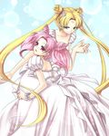  back_bow bad_id bad_pixiv_id bishoujo_senshi_sailor_moon blonde_hair blue_eyes bow chibi_usa double_bun dress earrings gown holding_hands interlocked_fingers jewelry long_hair mother_and_daughter multiple_girls pink_eyes pink_hair princess_serenity short_twintails small_lady_serenity tsukino_usagi twintails white_dress 