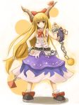  belt blush bow chain cuffs full_body gourd hair_bow hand_on_hip holding horn_ribbon horns ibuki_suika kokotetsu long_hair orange_eyes orange_hair ribbon shackles shoe_bow shoes sleeveless smile socks solo touhou white_background wrist_cuffs 