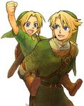  blonde_hair blue_eyes carrying chainmail hat link lowres male_focus multiple_boys piggyback pointy_ears ponky shield smile sword the_legend_of_zelda the_legend_of_zelda:_ocarina_of_time time_paradox weapon young_link 