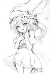  blush flandre_scarlet greyscale hat katzeh monochrome one_side_up out_of_frame petite petting sketch smile solo_focus touhou traditional_media 