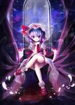  bat_wings bobby_socks crossed_legs hat looking_at_viewer mary_janes petals purple_hair red_eyes remilia_scarlet ribbon sho_(runatic_moon) shoes short_hair sitting socks solo throne touhou wings 