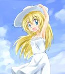  :d blonde_hair blue_eyes day dress hat kate_(sketchbook_full_colors) long_hair open_mouth sketchbook_full_colors smile solo sun_hat sundress tanada-bon 