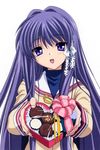  artist_request blue_eyes blue_hair box box_of_chocolates candy chocolate clannad food fujibayashi_kyou gift heart heart-shaped_box hikarizaka_private_high_school_uniform holding holding_gift incoming_gift long_hair looking_at_viewer open_mouth purple_eyes purple_hair ribbon school_uniform smile solo upper_body valentine very_long_hair 