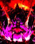  angry aura bat_wings blood bloody_wings blurry building castle clenched_hands dress fire from_below hat motion_blur open_mouth pink_dress pink_fire pink_hat purple_hair red red_ribbon remilia_scarlet ribbon rock scarlet_devil_mansion shaded_face short_hair solo standing toriko_(hatoriko) touhou wings 