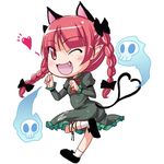  animal_ears braid cat_ears cat_tail chibi fang heart heart_tail kaenbyou_rin multiple_tails natsumi_akira one_eye_closed red_eyes red_hair skull solo tail touhou twin_braids 