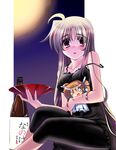  ahoge alcohol bare_shoulders black_dress blonde_hair blush blush_stickers bowl character_doll collarbone dress drunk fate_testarossa highres iga_tamaki long_hair looking_at_viewer lyrical_nanoha magical_girl mahou_shoujo_lyrical_nanoha_strikers moonlight o_o off_shoulder red_eyes solo strap_slip takamachi_nanoha tareme twintails 