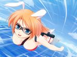  animal_ears between_breasts bikini blue_eyes breasts bunny_ears charlotte_e_yeager cloud day goggles ocean red_hair sky solo strap_cleavage strike_witches striker_unit swimsuit world_witches_series yuku_(kiollion) 