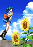  bag blue_eyes flower green_hair highres k3_(dolphin_brain) looking_back original school_uniform skirt solo sunflower 