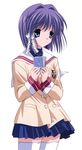  blue_eyes card clannad fujibayashi_ryou highres hikarizaka_private_high_school_uniform holding holding_card non-web_source purple_hair school_uniform short_hair solo thighhighs 