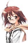  blush brown_eyes brown_hair buttons double-breasted glasses hoshizaki_hikaru long_sleeves looking_at_viewer original rimless_eyewear scarf simple_background solo upper_body white_background 