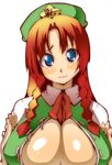  blue_eyes braid breast_squeeze breasts cleavage hong_meiling huge_breasts long_hair red_hair solo toudori touhou twin_braids 