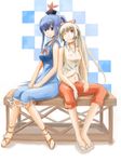  alternate_costume alternate_hairstyle bench blue_eyes blue_hair casual checkered checkered_background collared_shirt fujiwara_no_mokou hat kamishirasawa_keine kokotetsu long_hair looking_at_viewer midriff multiple_girls navel one_eye_closed pants pants_rolled_up ponytail red_eyes sandals shirt sitting sleeveless smile touhou white_background white_hair wing_collar 