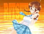  absurdres akizuki_ritsuko antenna_hair blush braid brown_eyes brown_hair glasses highres idolmaster idolmaster_(classic) idolmaster_live_for_you! kawaizumi_pome necktie rough_time_school school_uniform skirt twin_braids 