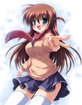  blush breasts brown_hair copyright_request long_hair medium_breasts open_mouth scarf skirt solo takeponi thighhighs v 