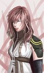  artist_request belt blue_eyes breasts buckle elbow_gloves final_fantasy final_fantasy_xiii gloves lightning_farron looking_afar medium_breasts pink_hair shoulder_pads solo underbust upper_body wavy_hair 