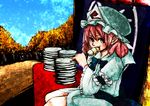  dango eating food hat inaba_ryuuji japanese_clothes kimono pink_hair plate ribbon saigyouji_yuyuko sanshoku_dango short_hair solo touhou wagashi 