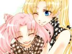  bishoujo_senshi_sailor_moon blonde_hair chibi_usa earrings hug jewelry long_hair mother_and_daughter multiple_girls nokko one_eye_closed pink_hair plaid smile tsukino_usagi 