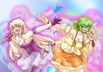  angry arm_garter bad_proportions blonde_hair breasts choker cleavage corset cosplay dress endou_aya gloves green_hair kazami_yuuka lace lace-trimmed_thighhighs leaning_forward long_hair macross macross_frontier medium_breasts microphone midriff mokei multiple_girls open_mouth orange_dress parody purple_eyes purple_legwear ranka_lee ranka_lee_(cosplay) red_eyes ribbon seiyuu_connection sheryl_nome sheryl_nome_(cosplay) short_hair skirt thighhighs touhou yakumo_yukari zoom_layer 