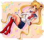  bishoujo_senshi_sailor_moon blonde_hair blue_eyes blue_sailor_collar blue_skirt boots bow bun_cover choker circlet double_bun earrings jewelry knee_boots long_hair magical_girl paranoia red_bow red_choker sailor_collar sailor_moon sailor_senshi_uniform skirt solo star tsukino_usagi twintails 