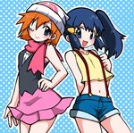  beanie blue_eyes blue_hair blush cosplay costume_switch denim denim_shorts hat hikari_(pokemon) hikari_(pokemon)_(cosplay) kasumi_(pokemon) kasumi_(pokemon)_(cosplay) midriff multiple_girls nanjou_akimasa navel one_eye_closed orange_hair pokemon pokemon_(anime) scarf short_hair shorts side_ponytail skirt smile 