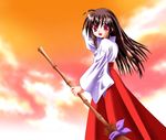 artist_request broom brown_hair copyright_request hakama japanese_clothes long_hair miko non-web_source red_eyes red_hakama sky solo sunset 