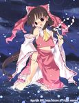  :d bad_id bad_pixiv_id brown_eyes brown_hair gohei hakurei_reimu midriff night open_mouth smile solo takamura_masaya touhou wading water 