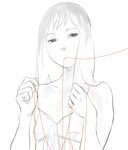  banned_artist bare_shoulders dress kumaori_jun long_hair monochrome mouth_hold red_string solo spot_color string 
