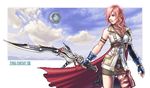  cape cloud copyright_name day final_fantasy final_fantasy_xiii fingerless_gloves gloves lightning_farron lowres mabius miniskirt pencil_skirt pink_hair pixel_art skirt sky solo sword thigh_strap weapon 