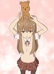  :o ahoge arms_up artist_request brown_eyes brown_hair fujioka-kuma long_hair minami-ke minami_chiaki object_on_head open_mouth plaid school_uniform skirt solo stuffed_animal stuffed_toy sweater_vest teddy_bear thighhighs 