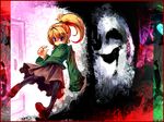  abstract blonde_hair blue_eyes darkness door green_shirt open_mouth pantyhose poniko ponytail shirt skirt solo turtleneck uboa ukyo_rst yume_nikki 