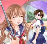  artist_request blush closed_eyes copyright_request lowres multiple_girls rain school_uniform serafuku smile umbrella 