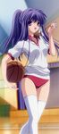  absurdres artist_request basketball buruma clannad fujibayashi_kyou gym_uniform highres long_hair long_image non-web_source ponytail poster purple_eyes purple_hair solo stick_poster tall_image thighhighs whistle 