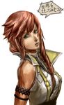  armlet bare_shoulders blue_eyes final_fantasy final_fantasy_xiii houjicha lightning_farron long_hair looking_at_viewer pink_hair solo speech_bubble talking text_focus translation_request upper_body 