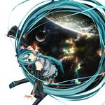  aqua_eyes aqua_hair detached_sleeves earth floating_hair green_eyes green_hair hatsune_miku headphones kouji_(astral_reverie) long_hair moon necktie planet skirt solo space star thighhighs twintails universe vocaloid 