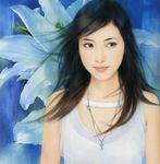  black_eyes black_hair chen_shu_fen copyright_request flower highres long_hair realistic smile solo wind 