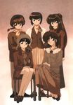  90s braid formal genderswap genderswap_(mtf) jewelry long_hair multiple_girls nakajima_atsuko necklace necktie official_art pantyhose pearl_necklace ranma-chan ranma_1/2 saotome_ranma scarf sepia shampoo_(ranma_1/2) single_braid tendou_akane tendou_kasumi tendou_nabiki 