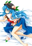  bad_id bad_pixiv_id barefoot blue_hair food fruit hat hinanawi_tenshi long_hair peach reina_(black_spider) solo tears touhou 