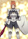  ahmey armor breasts brown_hair druaga_no_tou green_eyes huge_breasts polearm shield short_hair solo spear tetrodotoxin weapon 