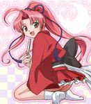  ass brown_eyes closed_fan fan folding_fan haruyama_kazunori japanese_clothes kimono kneeling long_hair no_panties open_mouth pink_hair ponytail rakugo_tennyo_oyui solo tsukishima_yui 