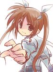  blue_eyes brown_hair hair_ribbon hands kajikawa_yahiro long_hair looking_back lyrical_nanoha mahou_shoujo_lyrical_nanoha outstretched_arm outstretched_hand reaching ribbon smile solo takamachi_nanoha twintails 