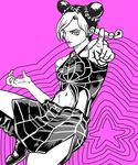  artist_request bare_shoulders boots braid double_bun jojo_no_kimyou_na_bouken kuujou_jolyne lips lipstick makeup midriff navel pink_lipstick pointing skirt solo star stone_ocean 