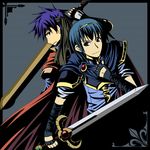  armor blue_eyes blue_hair cape falchion_(fire_emblem) fire_emblem fire_emblem:_monshou_no_nazo fire_emblem:_souen_no_kiseki gloves headband high_contrast holding holding_weapon ike male_focus marth multiple_boys ragnell rasu smile super_smash_bros. sword tiara weapon 