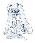  blue blush detached_sleeves hatsune_miku long_hair monochrome necktie panties pantyshot seo_tatsuya sketch solo striped striped_panties thighhighs twintails underwear very_long_hair vocaloid 