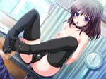  1girl anal anal_insertion anal_object_insertion bdsm black_legwear blush bondage bound breasts brown_hair censored curtain curtains dildo feet footjob game_cg honoo_no_haramase_oppai_shintai_sokutei nipples no_shoes nude object_insertion panties penis purple_eyes scale short_hair sitting squeez thighhighs tied tied_up toes underwear 