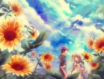  1girl black_hair brown_hair cloud day flower hair_ribbon holding hood hoodie kagerou_project kozakura_marry long_hair miko_natsume open_mouth ribbon seto_kousuke sky smile sunflower sunlight 